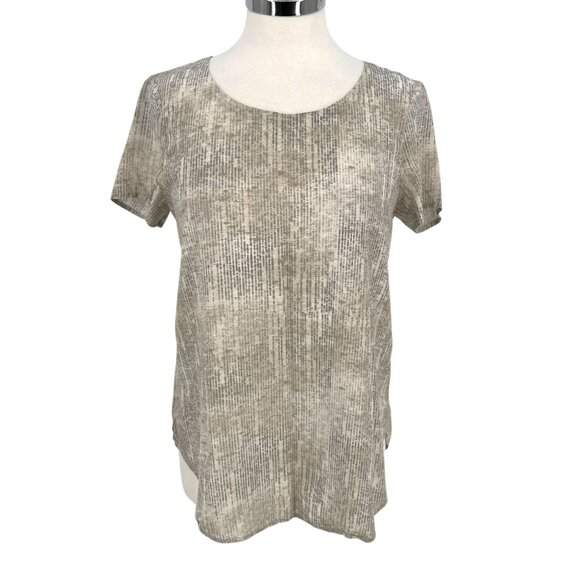 Eileen Fisher Metaphor 100% Silk Short Sleeve Blouse Beige Gray Size Small - Picture 1 of 10